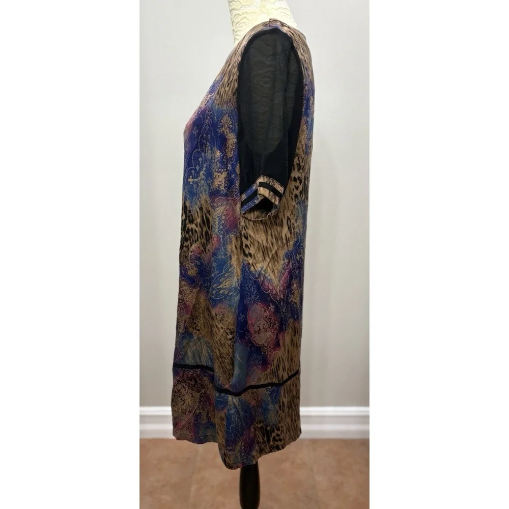 Luxury Leopard Print Silk Blend Shift Dress Womens XL Blue Gold Short Sleeve